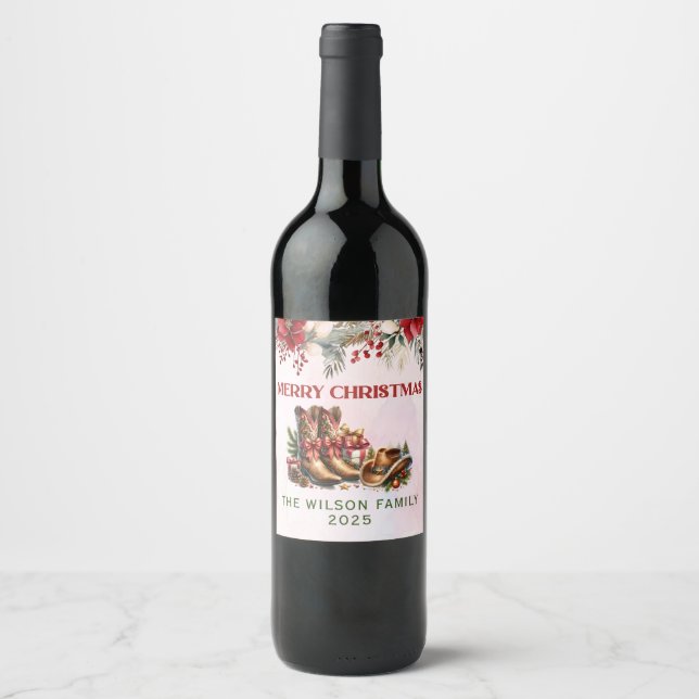Western Cowboy Boots Merry Christmas Wine Label (Front)