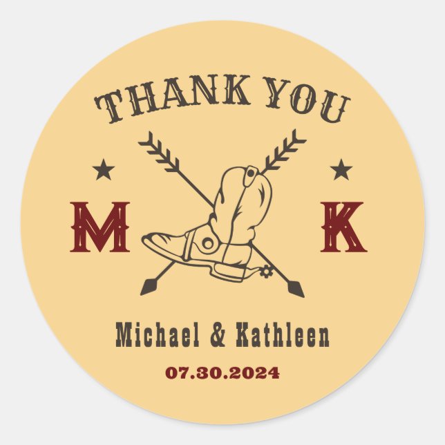 Western Cowboy Boots Monogram Country Wedding Classic Round Sticker (Front)