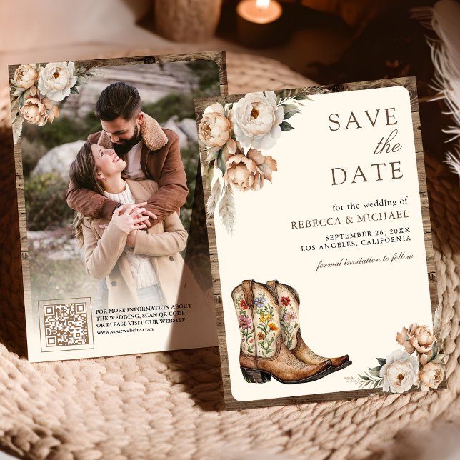Western Cowboy Boots Photo QR Code Wedding Save The Date (Creator Uploaded)