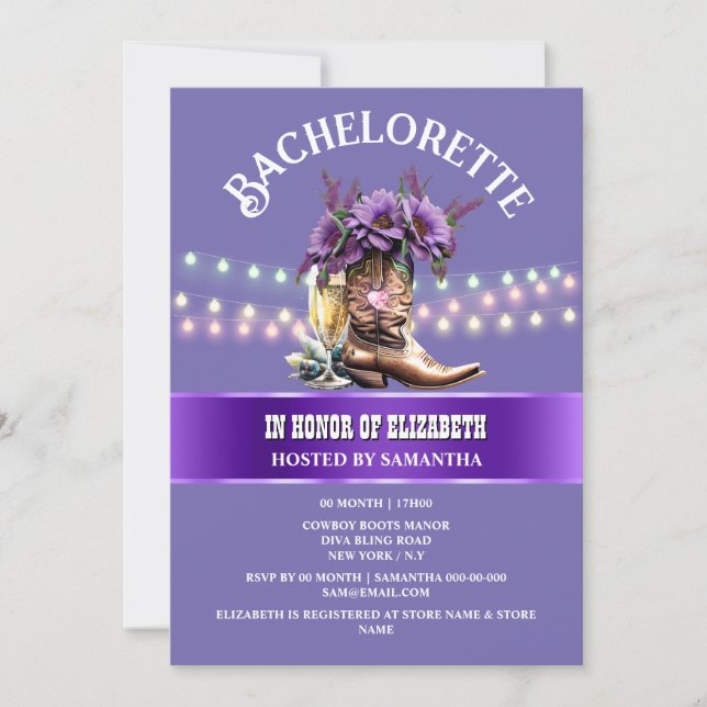 Western cowboy boots purple white bubbly chic  invitation (Front)