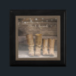 Western Cowboy Boots Rustic Barn Monogram Gift Box<br><div class="desc">This fun,  rustic gift box features two pair of cowboy boots and a log cabin wall with string lights. For the western or horse lover. Personalise it with a single name,  or add a couple's names. Created by Simply Farmhouse Press; photo by Melanie Mauer on Unsplash.</div>