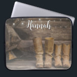 Western Cowboy Boots Rustic Barn Monogram Laptop Sleeve<br><div class="desc">This fun,  rustic laptop sleeve features two pair of cowboy boots and a log cabin wall with string lights. For the western or horse lover. Created by Simply Farmhouse Press; photo by Melanie Mauer on Unsplash.</div>