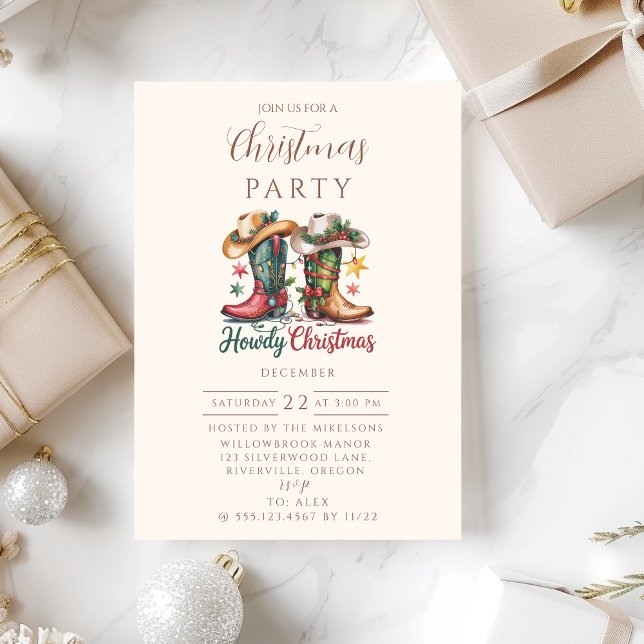Western Cowboy Boots Rustic Howdy Christmas Invitation (Creator Uploaded)