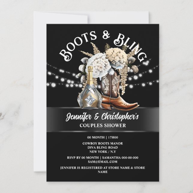 Western cowboy boots silver gold bubbly chic  invitation (Front)