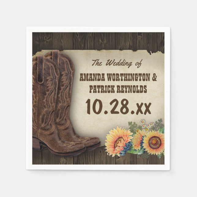 Western Cowboy Boots Sunflower Wedding Napkins (Front)