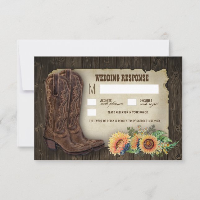 Western Cowboy Boots Sunflower Wedding RSVP Cards (Front)