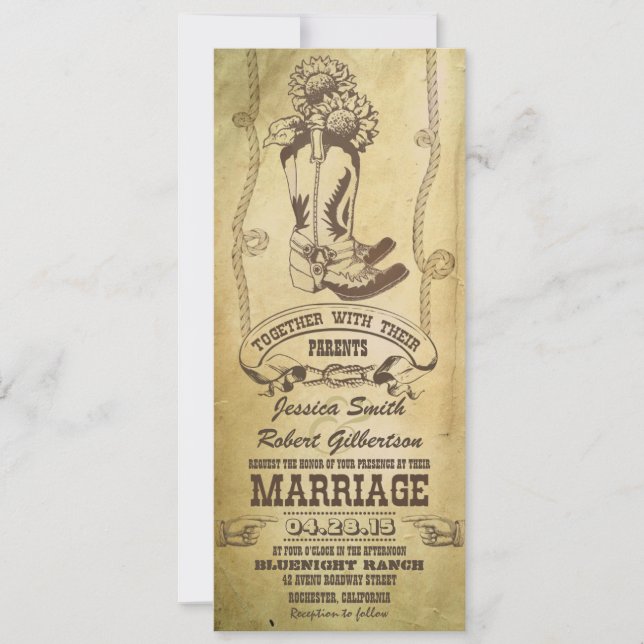 western cowboy boots vintage wedding invitations (Front)