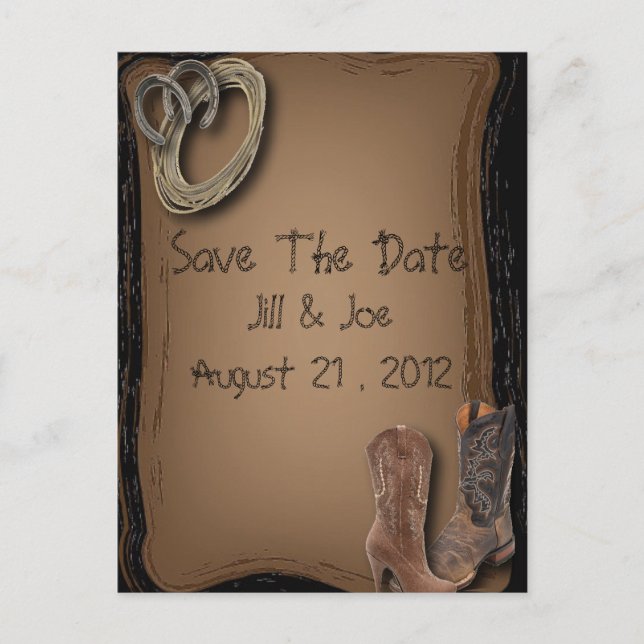 western cowboy boots wedding save the date announcement postcard (Front)