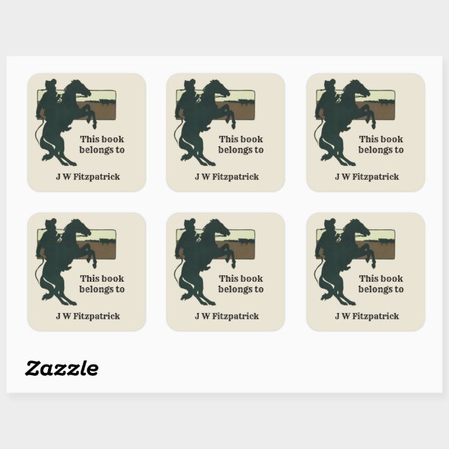 Western Cowboy Bucking Bronco Horse Book Plate Square Sticker (Sheet)