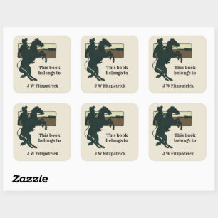 Western Cowboy Bucking Bronco Horse Book Plate Square Sticker