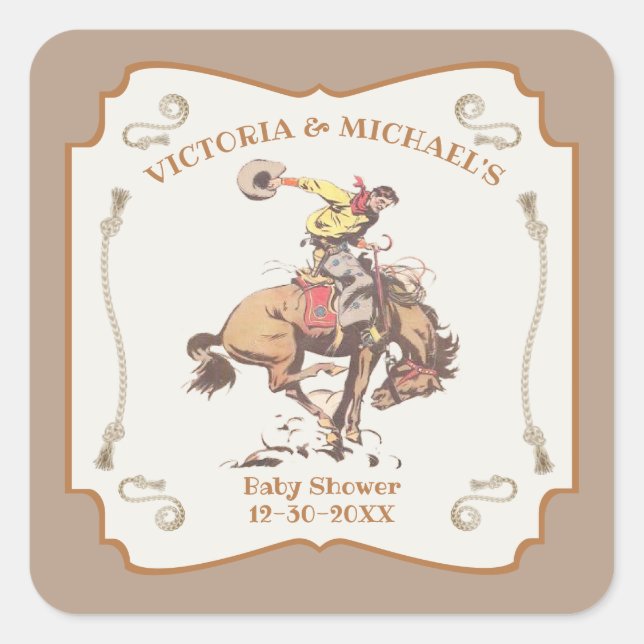 Western Cowboy Bucking Bronco Square Sticker (Front)