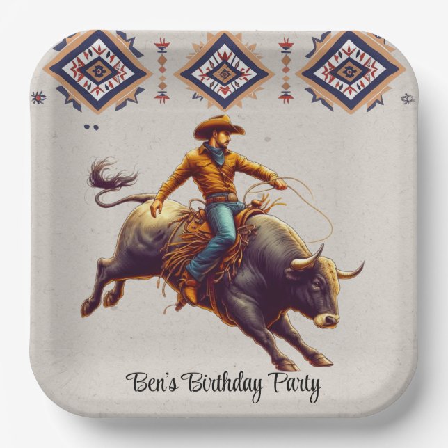 Western Cowboy Bull Rider Aztec Birthday Party Paper Plate (Front)