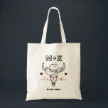 Western Cowboy Bull Skull Bohemian Country Wedding Tote Bag<br><div class="desc">Personalized wedding favor with old western cowboy theme. Decorated with cowboy boots and vintage western font. Text and color are editable using the Design Tool to fit your occasion. Perfect for country wedding, rustic ranch wedding or barn wedding. Get this customize item for your wedding party, bachelorette party, bachelor party,...</div>