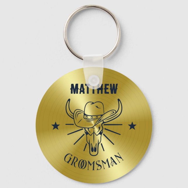 Western Cowboy Bull Skull Logo Gold Navy Groomsmen Key Ring (Front)