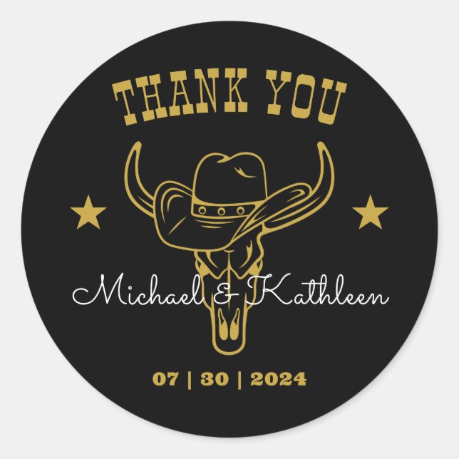 Western Cowboy Bull Skull Rustic Country Wedding Classic Round Sticker (Front)