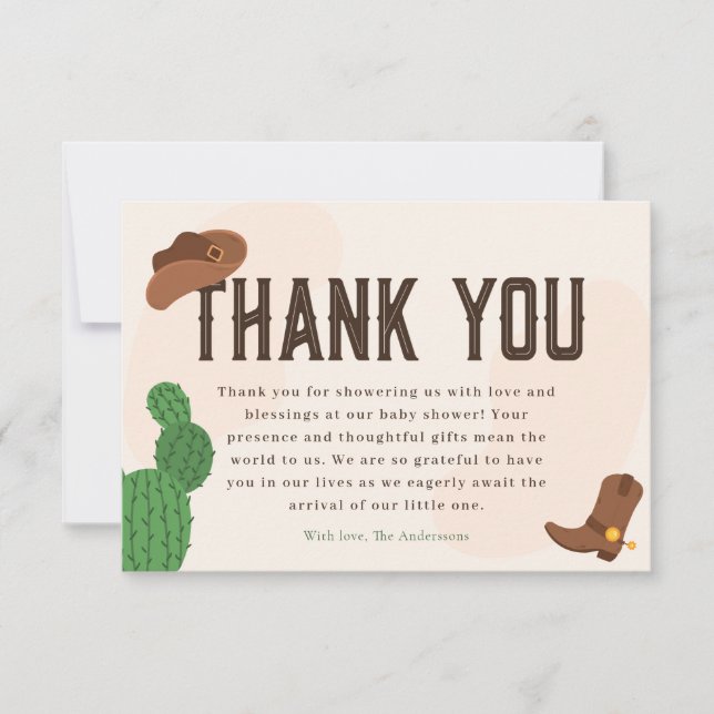 Western Cowboy Cactus Baby Shower Thank You Card (Front)