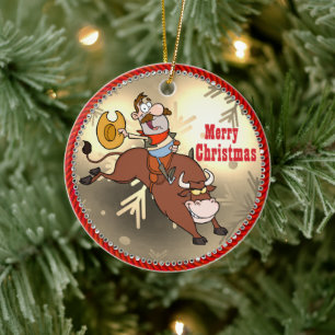 Western Cowboy Cartoon Bull Rider Christmas Ceramic Tree Decoration