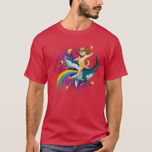 Western Cowboy Cat Riding A Shark In Taco Space Ra T-Shirt