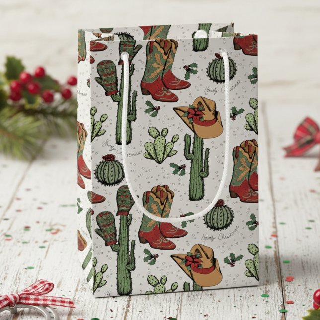 Western Cowboy Christmas Red and Green Small Gift Bag (Country Western Cowgirl Howdy Christmas Gift Bags. Rustic Rodeo Xmas Cowboy Boots & Cacti Pattern)