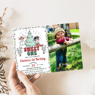 Western Cowboy Christmas Sweet One Birthday Photo Invitation