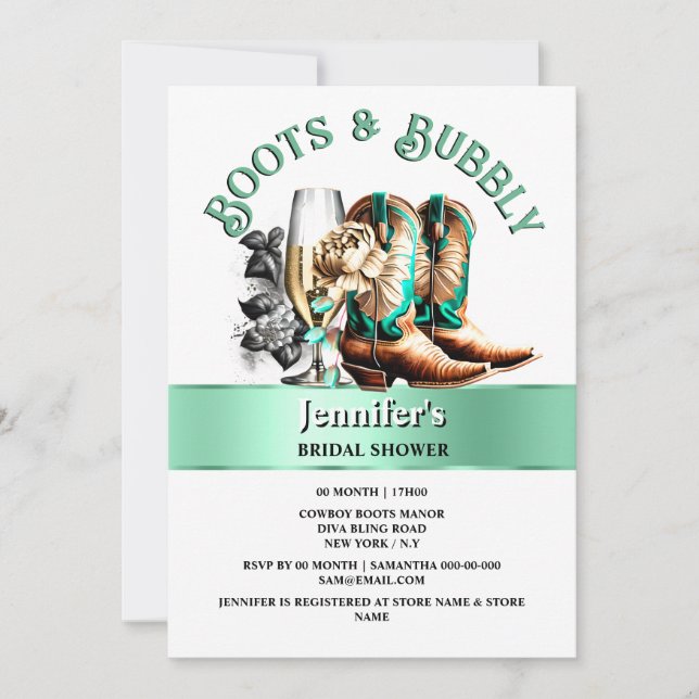 Western cowboy country boots teal brown bubbly  invitation (Front)