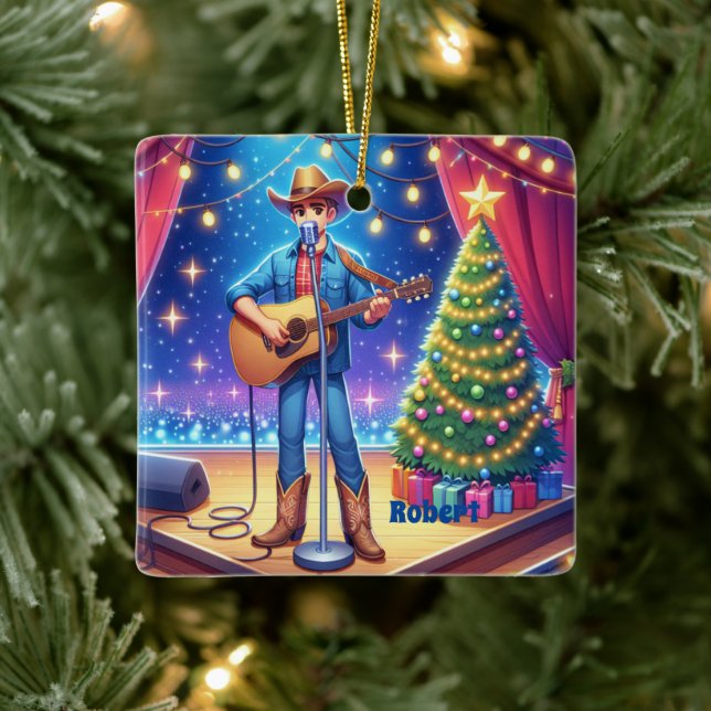 Western Cowboy Country Singer Christmas Ceramic Ornament (Tree)