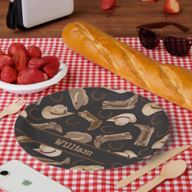 Western Cowboy Cowgirl Boots Hats Brown Black Name Paper Plate (Picnic)