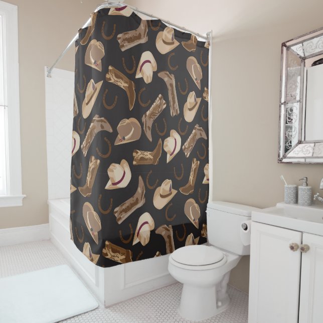 Western Cowboy Cowgirl Boots Hats Brown Tan Black Shower Curtain (In Situ)