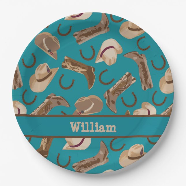 Western Cowboy Cowgirl Boots Hats Turquoise Teal Paper Plate (Front)