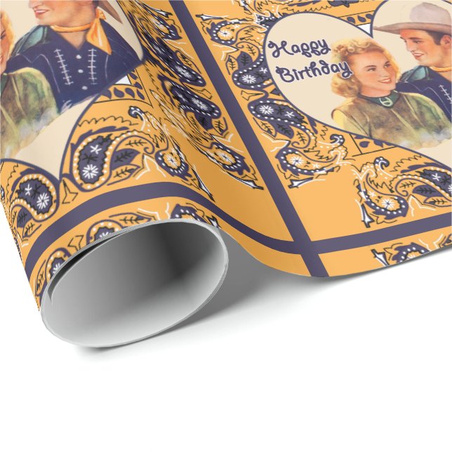Western Cowboy Cowgirl Couple Happy Birthday Wrapping Paper (Roll Corner)