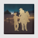 Western  Cowboy Cowgirl Couple With Horse Magnet<br><div class="desc">Western  magnet with a gold FAUX glitter cowboy and cowgirl couple. The background is a sunlit pasture. 

See this design on other wedding and party supplies in the Rodeo Days Store.</div>