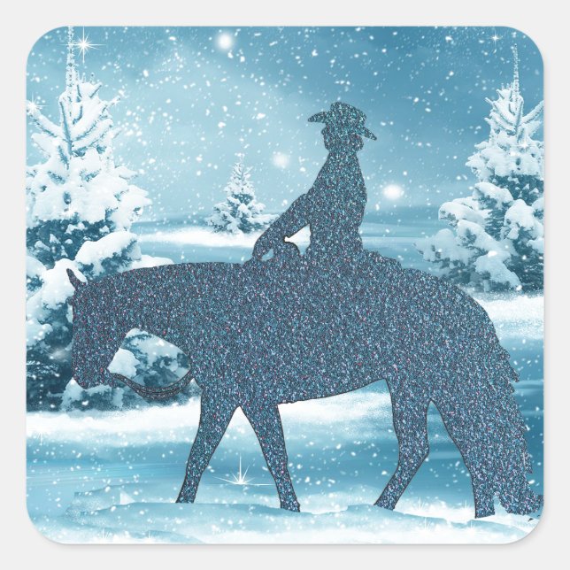 Western Cowboy Cowgirl Horse Winter Snow Scene Square Sticker (Front)