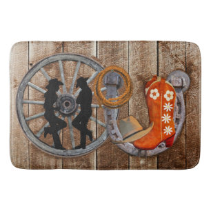 Western Cowboy Cowgirl Horseshoe Wagon Wheel Bath Mat