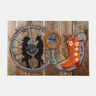 Western Cowboy Cowgirl Horseshoe Wagon Wheel Doormat