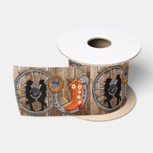 Western Cowboy Cowgirl Horseshoe Wagon Wheel Satin Ribbon