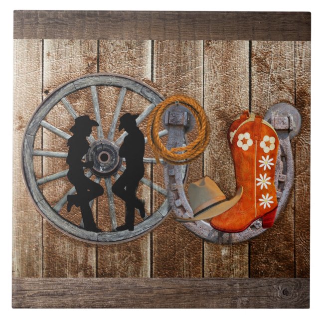 Western Cowboy Cowgirl Horseshoe Wagon Wheel Tile (Front)