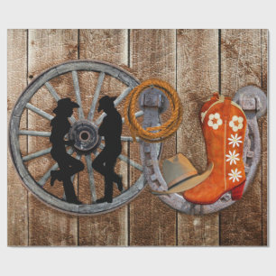 Western Cowboy Cowgirl Horseshoe Wagon Wheel Wrapping Paper