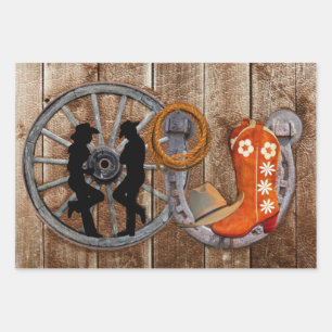 Western Cowboy Cowgirl Horseshoe Wagon Wheel Wrapping Paper Sheet