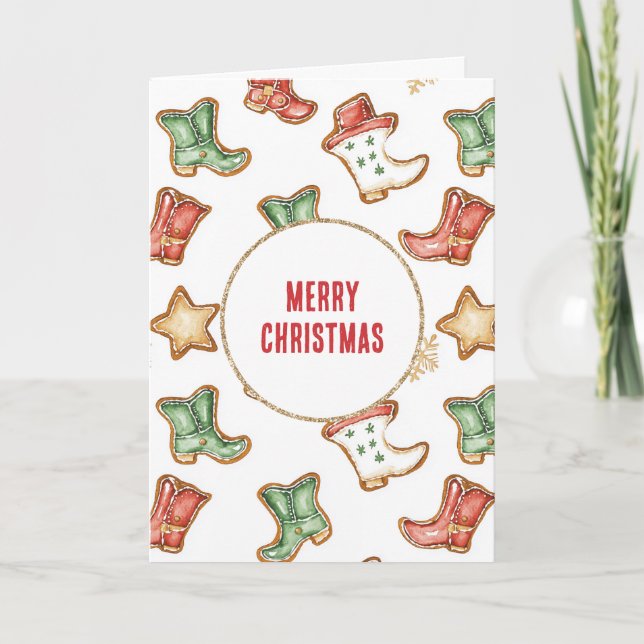 Western Cowboy Cowgirl Red Green Boots Christmas   Card (Front)