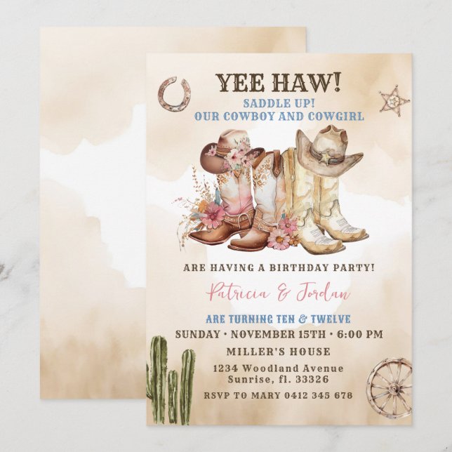 Western Cowboy Cowgirl Sibling Twin Birthday Invitation (Front/Back)