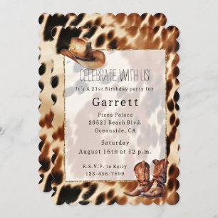 Western Cowboy Cream Brown Black Cowhide Boots Hat Invitation