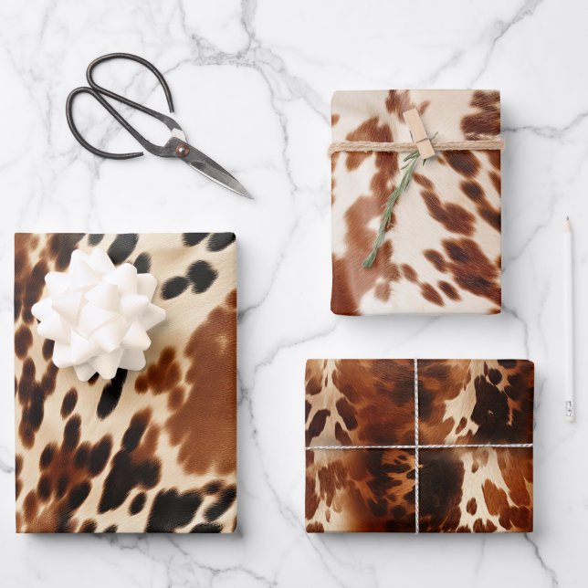 Western Cowboy  Cream Brown Black Cowhide Wrapping Paper Sheet (Front)