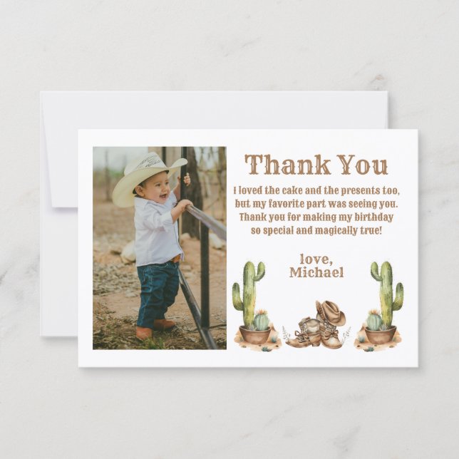western cowboy first rodeo birthday photo  thank you card (Front)