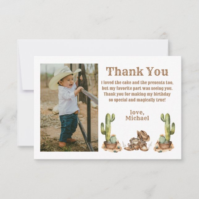 western cowboy first rodeo birthday photo  thank you card (Front)