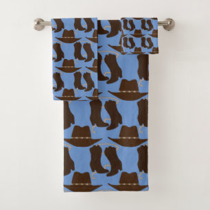 Western Cowboy Hat and Boots Blue Bath Towel Set