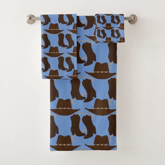 Western Cowboy Hat and Boots Blue Bath Towel Set (Insitu)
