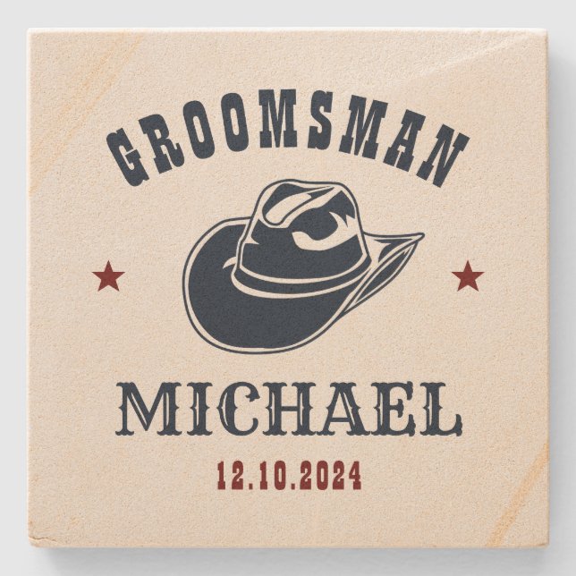 Western Cowboy Hat Best Man Groomsmen Personalised Stone Coaster (Front)