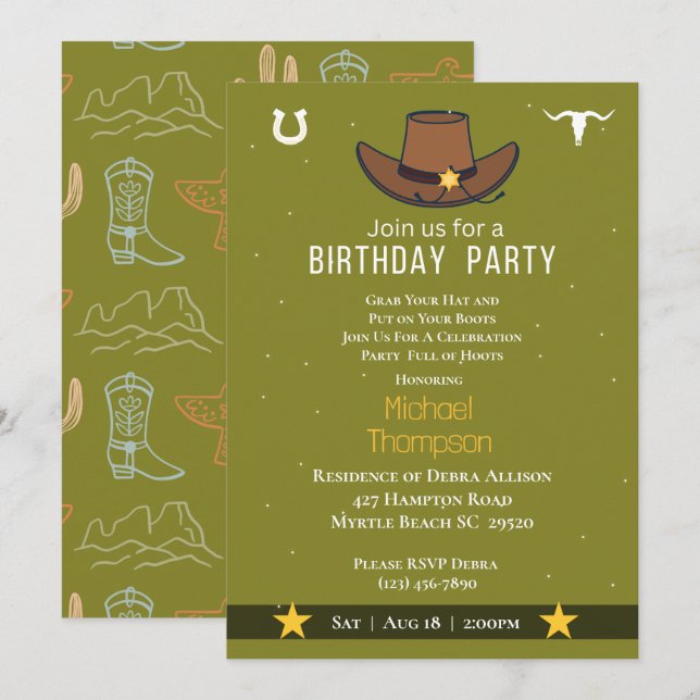  Western Cowboy Hat Birthday Invitation (Front/Back)
