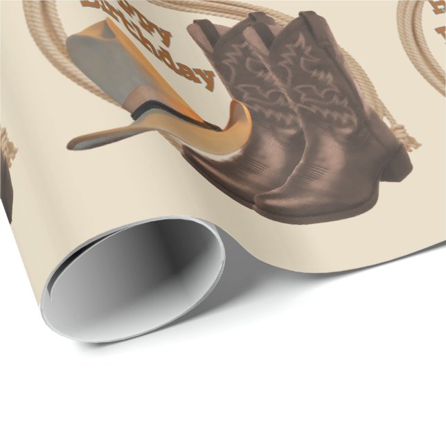 Western Cowboy Hat Boots And Rope Happy Birthday Wrapping Paper (Roll Corner)