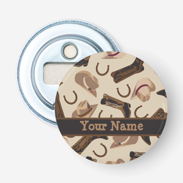 Western Cowboy Hat Boots Black Beige Name  Bottle Opener (Front)